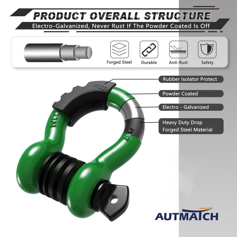 AUTMATCH D Ring Shackle 3/4 "" Shackles (2 Pack) 41,887Ibs Break Strength, Clevis Shackle with 7/8 "" Screw Pin and Shackle Isolator Washer Kit for Tow Strap Winch Off Road Vehicle Recovery, Dark Green - Image 4